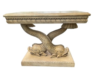 Old Hand carved Dolphin Console Table with two Koi Fish carving