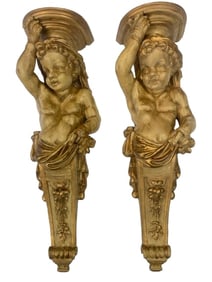 Pair of old European large Cherub wall hanging brackets