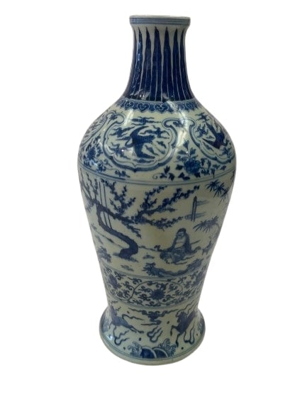 A large Chinese Blue & white porcelain vase 21 inches tall: A large Chinese Blue & white porcelain vase measuring 21 inches tall and 8 inch base diameter. A unique Chinese vase with figures , horses, dragons and cloudbands. Please read the condition report of 