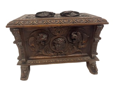 Antique European Gothic hand carved small chest cassone