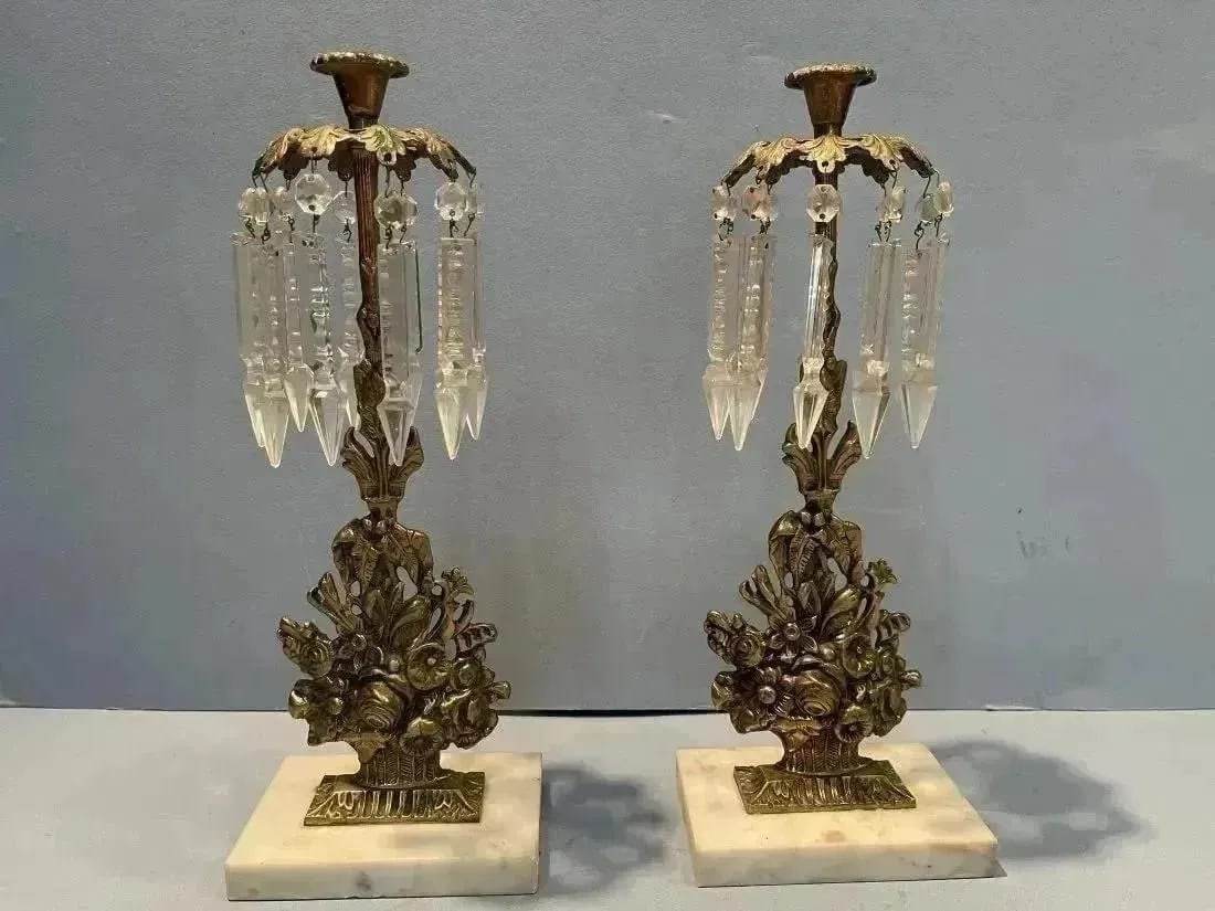 A Pair of Gerondale Candelabra Set with Prizms: A Pair of Gerondale Candelabra Set with glass Prizms. Each single candle holder standing 16 inches tall including the marble base."