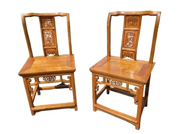 Pair of Old Chinese chairs: Pair of Old Chinese chairs. carved figures & symbols on the back rest. Seat depth 15 inches X Seat Height 21 inches. Total height 37 1/2 inches tall x width 19 1/2 inches wide.
