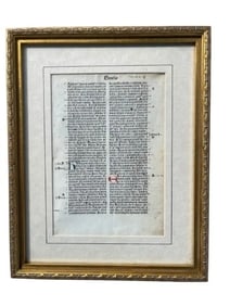 Antique Biblia Latina framed Leaf - Biblical Latin hand colored framed sheet of bible