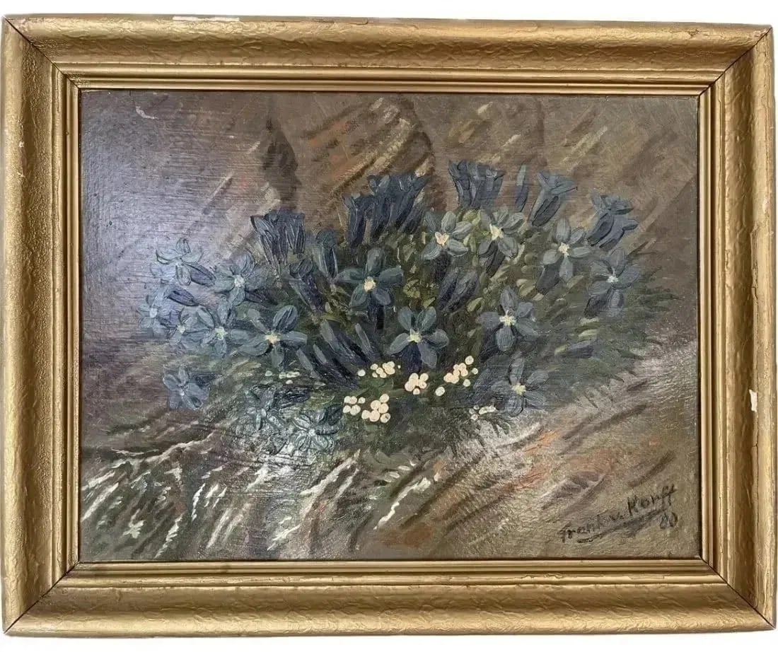 Frank V. Korff still life Oil Painting: Frank V. Korff still life oil painting titled Enzian Blue.Signed lower bottom right:Frank v. Korff. Inscriptions & dedication on verso. Measurement size with frame 18.25 in L x 14.5 in W. Sight measur