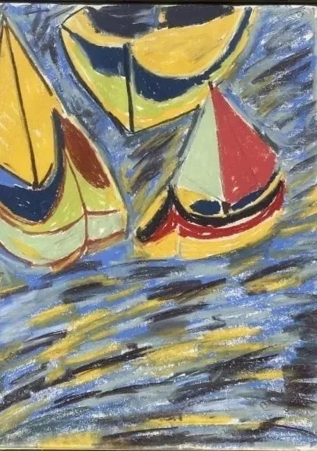 Italian Sail boats Gouache & watercolor painting: Italian Sail boats Gouache & watercolor painting. Inscribed IL DELFINO (dolphin in English) to lower left and BARCHE A VELA (sailboats in English). glass covered frame Measures 18 1/2 by 24 1/2 inches