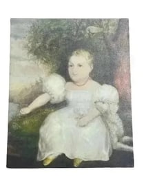 American School Canvas print Giclee Portrait of young girl & her dog