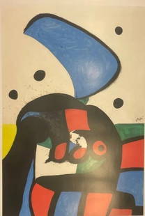 JOAN MIRO large poster printed by the MIRO FOUNDATION in Barcelona: JOAN MIRO large poster titled Personage devant la lune printed by the MIRO FOUNDATION in Barcelona Spain. A large scale poster of Miro measuring 27 1/2 inches wide by 39 1/4 inches long.