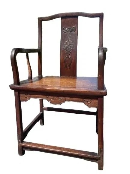 Antique Chinese chair: Antique Chinese chair. carved figures & symbols on the back rest. Seat depth 18 inches X Seat Height 20 inches. Total height 41 inches tall x width 23 1/2 inches wide.