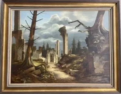 Rudi Reichardt Oil on masonite Large scale painting from VINCENT PRICE collection: Rudi Reichardt ( Canadian born 1929- )Oil on Masonite large scale painting. Frame measures 37 inches wide by 47 inches long, The sight measures 30 inches wide by 40 inches long. Signed & dated on lowe