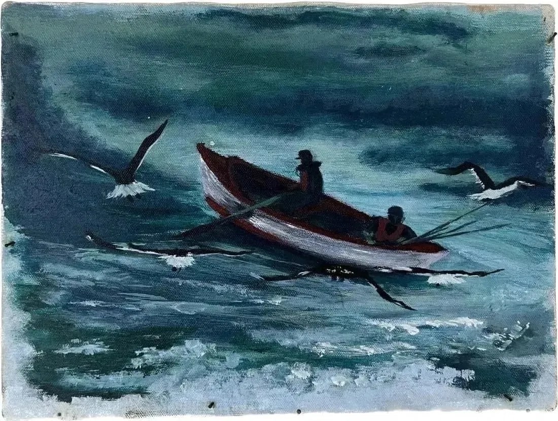 David Keiser Oil on Canvas titled The Sea Gulls: David Keiser oil on canvas Painting titled The Sea Gulls.A small Oil on stretched canvas painting measuring 12 inches long by 9 inches wide. Signed on edge of canvas, along with writing on the stretch