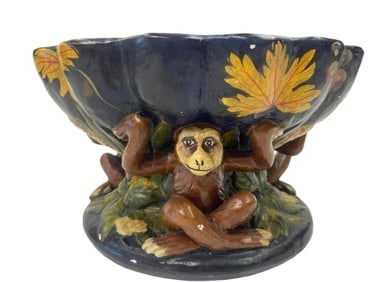 A MAJOLICA STYLE MONKEY CENTERPIECE FRUIT BOWL