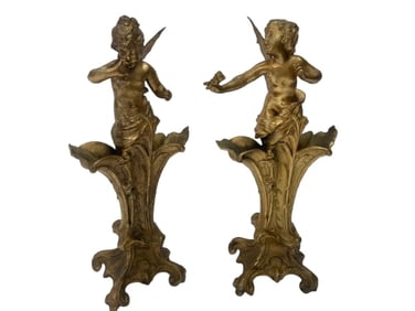 Set of two gilt metal European Cherub vase