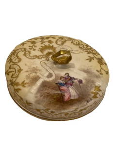 Antique French Sevre porcelain Butter plate holder with a lid cover: Antique French Sevre porcelain Butter plate holder with a lid cover. A hand painted and signed MUVILLE French Sevre porcelain butter or candy serving plate with a gilded lid cover.