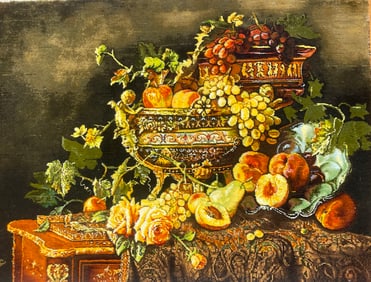 A Persian Tabriz Silk & Wool Pictorial Still life hand woven rug