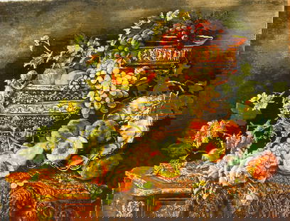 A Persian Tabriz Silk & Wool Pictorial Still life hand woven rug: A Persian Tabriz Silk & Wool Pictorial still life of a fruit bowl hand woven rug. Signed lower left: AZIMA. Measuring 2 ft 1 inch by 2 feet 9 inches long. A silk foundation silk highlights on wool
