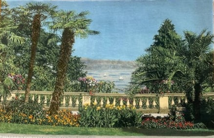 A Persian Tabriz Silk & Wool Pictorial seascape hand woven rug