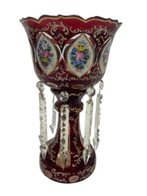 A Bohemian Ruby Red Glass Mantle Luster with clear prism