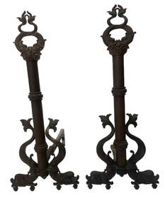 Pair of Antique Dolphin Andirons: Pair of Antique Dolphin Andirons with unique Italian dolphin fish pairs. These andirons are decorative and functional pieces designed to support logs in a fireplace, allowing air to circulate undernea
