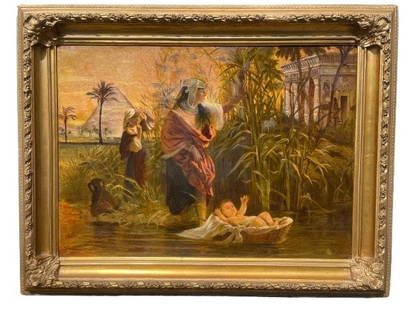 Oil on Canvas after Bernhard Plockhorst: A Large Oil on Canvas painting after Bernhard Plockhorst titled The Finding of Moses. Signed on the lower right B Plockhort.Sight measures 28 1/4 inches wide by 39 1/2 inches long. The gilded wooden f
