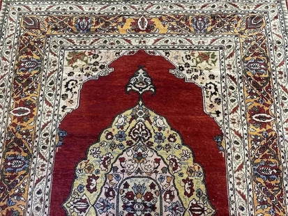 Antique Silk Turkish handwoven rug: Antique Silk Turkish handwoven rug measuring 4 feet 4 inches wide by 6 feet long together. A finely woven Pure Silk on silk Turkish rug. Please read the condition report below & examine all posted ima