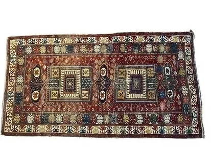 Antique Caucasian Shirvan rug: Antique Caucasian Shirvan rug. A scatter size rug measuring 4 feet 1 inches wide by 7 feet 5 inches long. A 19th century wool on wool genuine Caucasian Shirvan rug with a geometric tribal pattern.