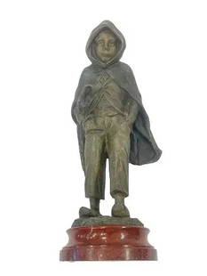 Antoine Bofill (1875-1925) Bronze signed statue of A young boy in rain coat: Antoine Bofill(1875-1925) Bronze statue of a young boy in a rain coat and holding an umbrella. A signed Bofill bronze Standing 16 inches tall including the marble base. A unique & charming patinated b