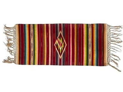 Old Saltillo Serape handwoven textile blanket: Old Saltillo Serape handwoven textile blanket measuring 14 1/2 inches wide by 34 inches long. A finely woven wool Saltillo Serape with cotton foundation and tassels. A Happy & colorful decorative trib