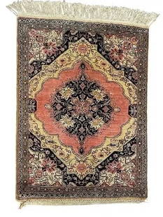Antique Persian Silk Qum Sarouk rug: Antique Persian Silk Qum Sarouk rug measuring 23 inches wide by 31 inches long. A Pure SILK on Silk handwoven Persian fine Qum rug with a Sarouk design.
