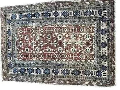 Antique Lotto handwoven Oriental Rug: Antique Lotto design Rug, A hand woven wool on wool rug. A crisp & detailed lattice design on a saturated rust color field with Koufi border system. Measuring 4 feet 5 inches wide by 6 feet 2 inches l