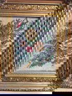 A Persian TABRIZ pictorial rug in frame: A fine Persian TABRIZ floral pictorial handwoven rug Framed in a nice gilded wooden frame.Size of the Rug: 12" by 15"Frame Size: 21" by 25"Design: Floral Material: Wool & silk highlights on cotton fou