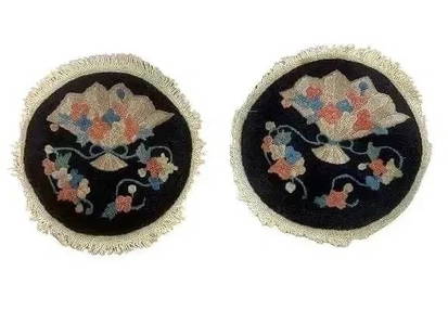 Pair of antique Chinese round rug samplers: Pair of antique Chinese round Peking rug samplers. Each round rug measures 12 inches in diameter.