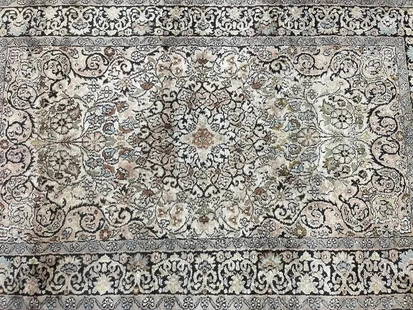 Indian Handwoven Qum kashmiri silk rug: Indian Handwoven Qum kashmiri silk rug measuring 3 feet 2 inches wide by 5 feet long not including the fringes. A Kashmiri rug with cotton foundation.