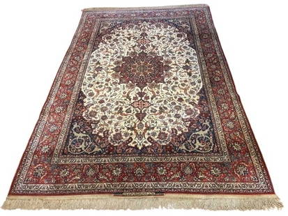 A Persian Isfahan Signed Seirafian / Seyrafian Silk foundation rug 6.9 x 10: A genuine Persian Isfahan Seirafian / Seyrafian signed silk foundation rug measuring 6 feet 9 inches wide by 10 feet long. A super finely woven Persian Isfahan rug signed in farsi: WOVEN, IRAN, ISFAHA