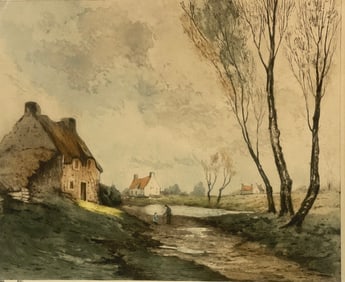 Lucien Dasselborne aka Francois Davril, colored Etching titled The Cottage