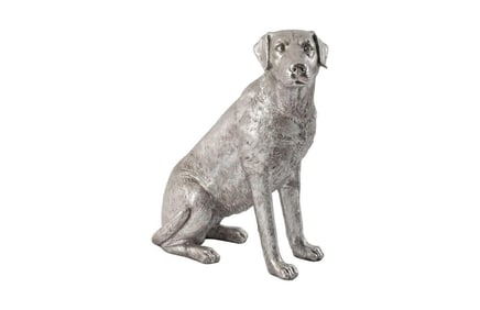 A life size Labrador silver leafed sitting dog statue
