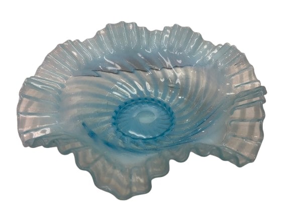 Fenton Vintage Blue Opalescent Bowl with Crimped and Ruffled Edge, 10 Inches in diameter