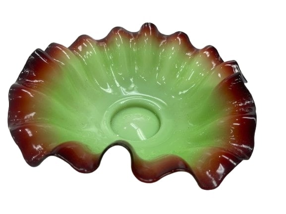 Fenton Vintage green & red Opalescent Bowl with Crimped and Ruffled Edge, 10 Inches in diameter (1 of 6)