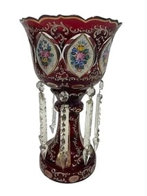 A Bohemian Ruby Red Glass Mantle Luster with clear prism