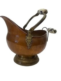 A copper coal Scuttle bucket with porcelain handles