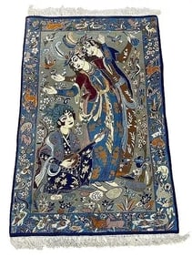 A Persian Isfahan Silk & Wool Pictorial hand woven rug