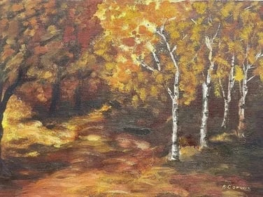 Betty Corwin oil on board titled Fall Carpet