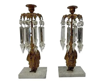 Pair of Antique Gilt Bronze Candlesticks with cut glass Prisms