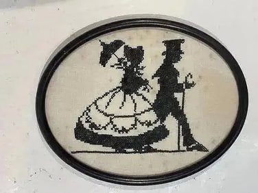 Antique American Needlepoint Embroidery of a man & woman