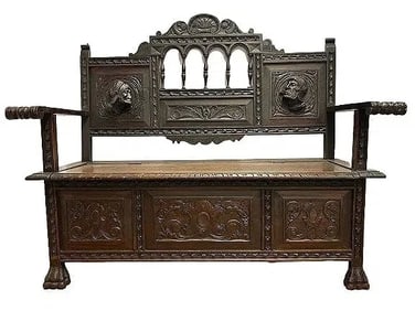 Antique Gothic German Carved oak Bench