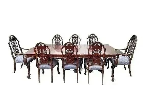 Antique dinning room set of 8 mahogany chairs & a table: Antique dinning room set comprised of 8 mahogany chairs & a large dinning table. The dinning table includes two center leafs and it measures a total of 96 inches long , 42 inches 1/2 wide and 29 inch
