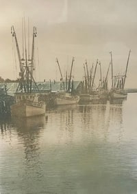 Illegibly pencil signed large colored etching titled St Mary's Landing