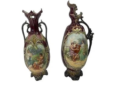 Set of two European porcelain hand painted urn & vase