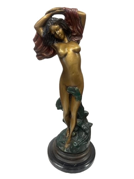 A vintage Bronze statue of a semi nude female figure: A vintage Bronze statue of a semi nude female figure. A fine casting & patination bronze statue on a marble round base standing 17 inches tall including the base.SHIPPING: as courtesy to all of our bu