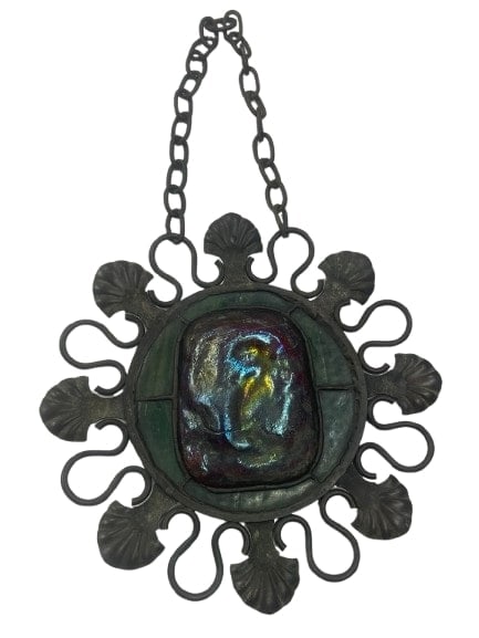Antique Tiffany stained glass window hanging: A Tiffany stained glass Turtle back window or display wall hanging. Beautifully captures the light and cascades color, enhancing any window and room decor.Double Stamped Tiffany Studios New York on th