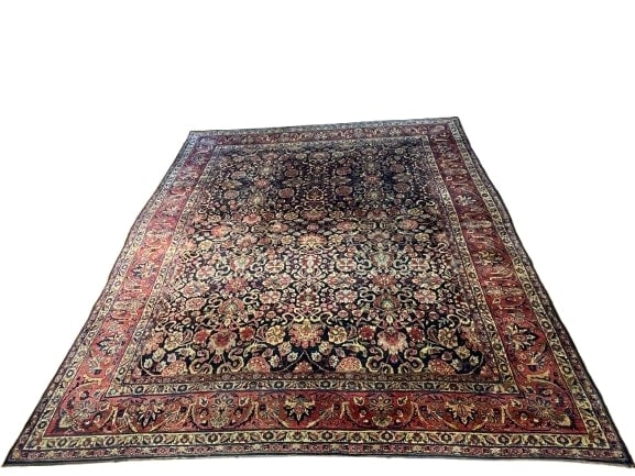 Antique Persian Navy Sarouk Mohajeran: Antique Persian Navy Sarouk Mohajeran room size rug measuring 11 feet 1 inch by 12 feet 6 inches long. A rare and unusual design and size hand woven wool rug.A unique all over floral design Navy field